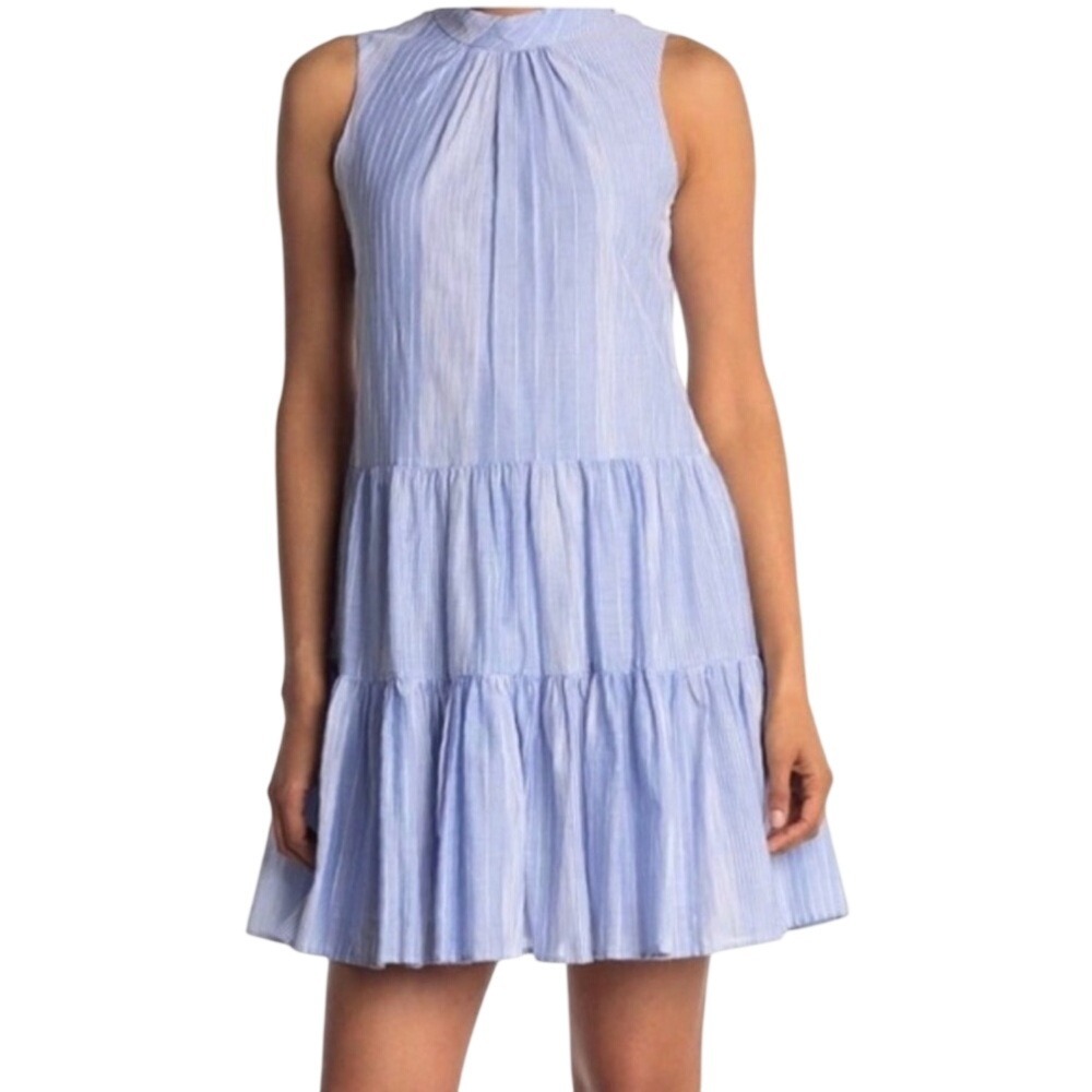 CALVIN KLEIN‎ Sz 12 Blue White Striped Cotton High Neck Tiered Dress Beachy Boho